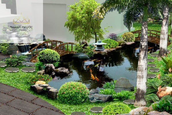 Mẫu sân vườn có hồ cá và thác nước