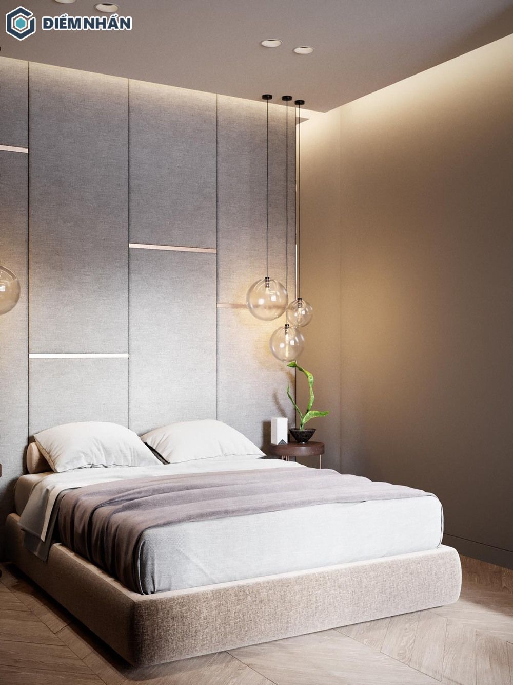 Phòng ngủ bố trí giường đôi được trang trí một cách đơn giản, nhẹ nhàng