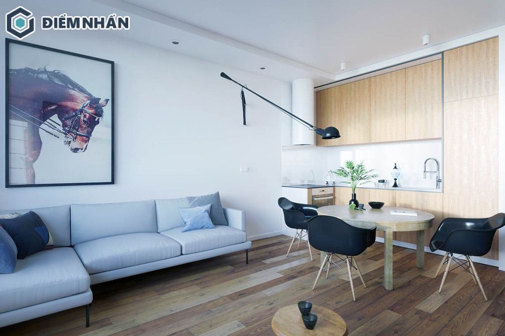 Mẫu thiết kế nội thất chung cư 60m2 sử dụng màu trắng kết hợp màu trung tính để trang trí