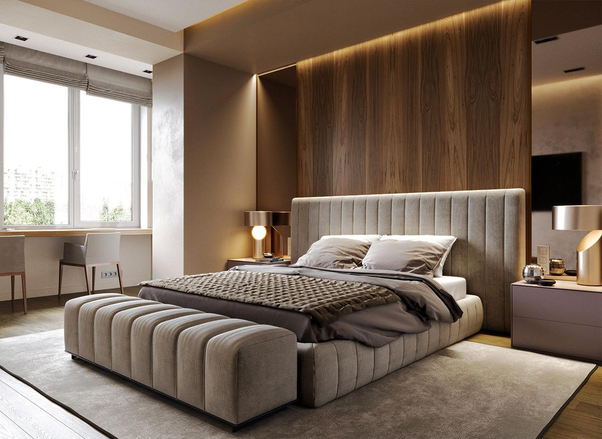 Phòng ngủ với sàn và vách đầu giường gỗ mang đến cảm giác ấm áp