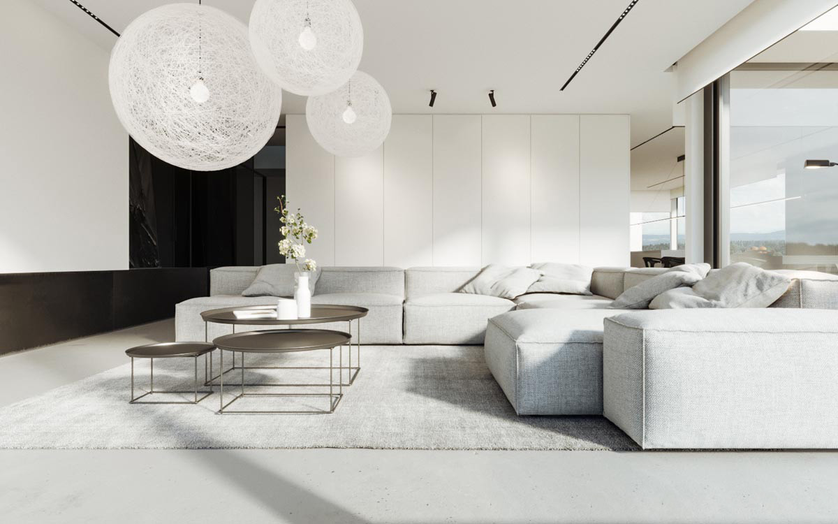Mẫu thiết kế phòng khách Minimalism phối hợp nhuần nhuyễn các đường nét hình học của những món đồ nội thất