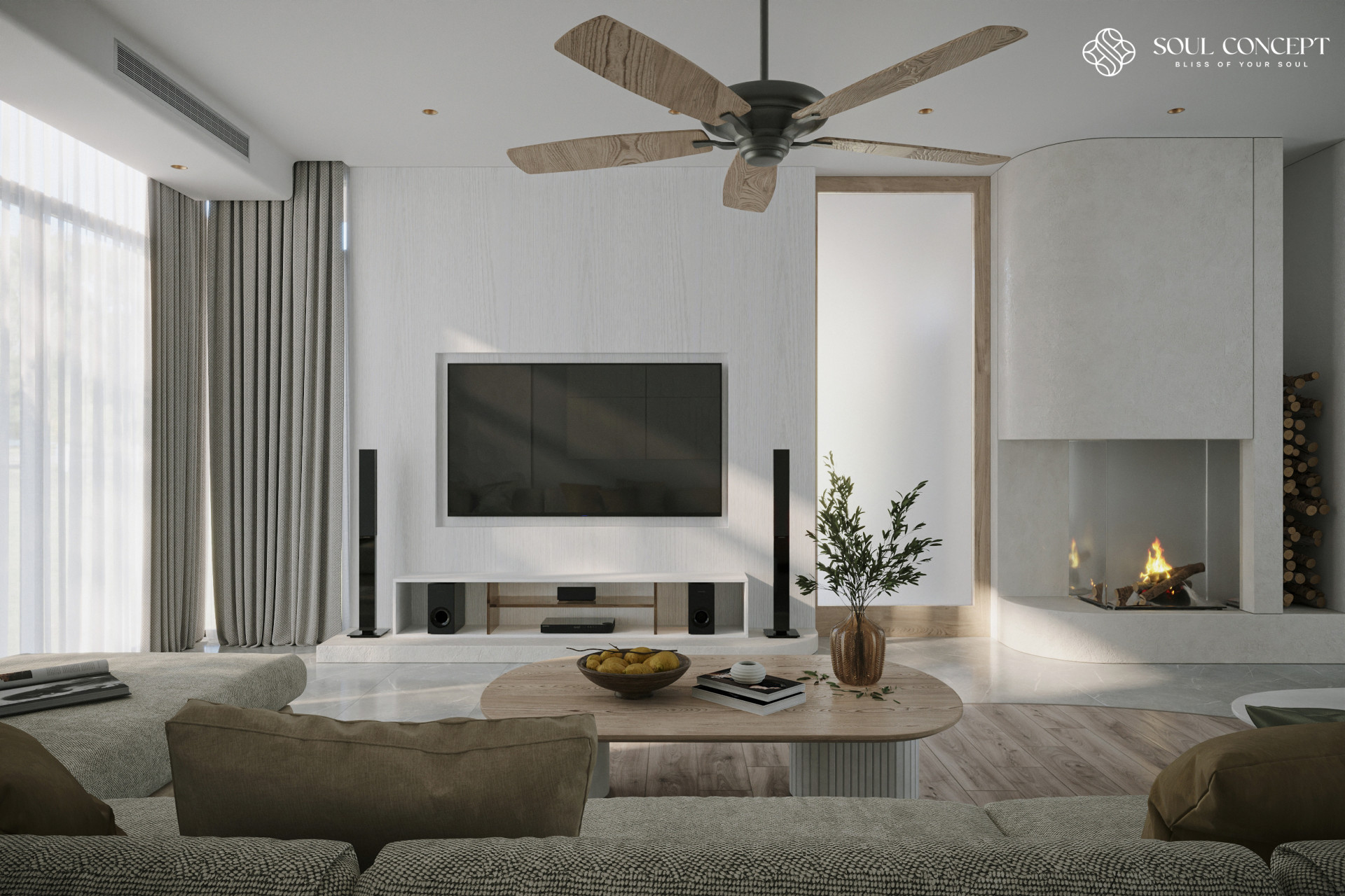 Soul Concept bố trí thêm chậu cây trang trí tạo nên “không gian xanh” tươi mát cho phòng khách