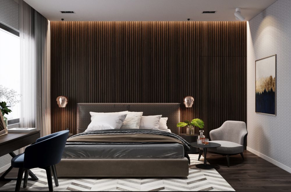 Phòng ngủ biệt thự sang trọng, ấm áp với gam màu gỗ tối và sơn tường màu sữa dịu nhẹ