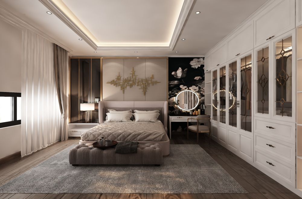 Thiết kế phòng ngủ tân cổ điển rộng rãi và sang trọng vơi hệ thống tủ quần áo cao kịch trần sử dụng gỗ MDF phủ melamine màu trắng và kính