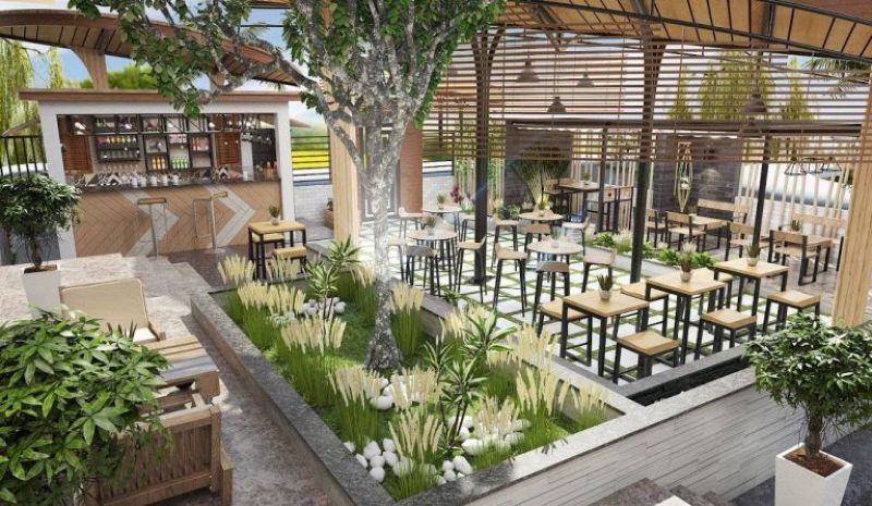 Thiết kế quán cafe theo kiểu sân vườn hiện đại, gần gũi với thiên nhiên